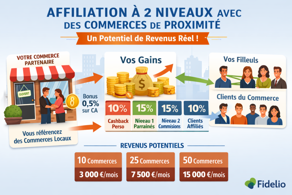 une affiliation à 2 niveaux avec des commerces de proximité et un potentiel de revenus réel